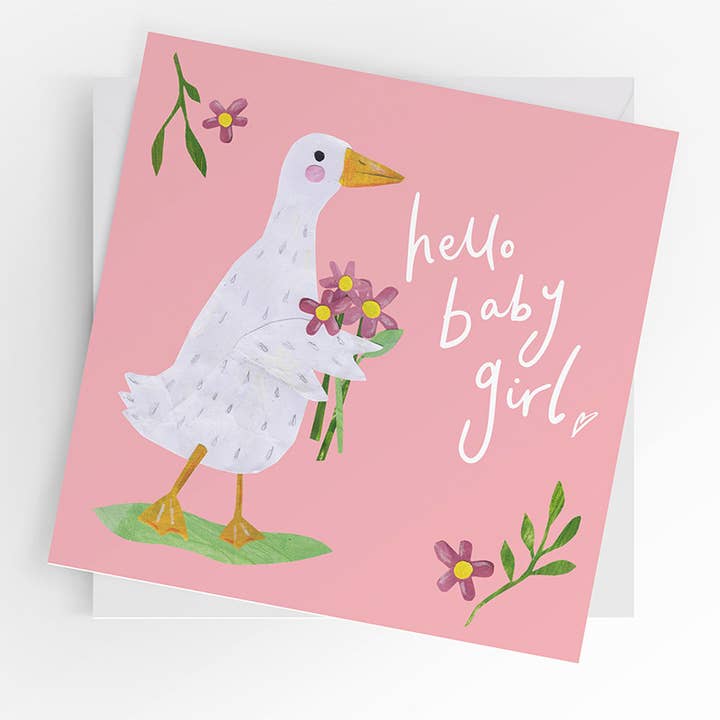 Carte pour bébé fille, nouveau-né, bébé fille, oie avec des feuilles pour la vente par Under the Willow Tree