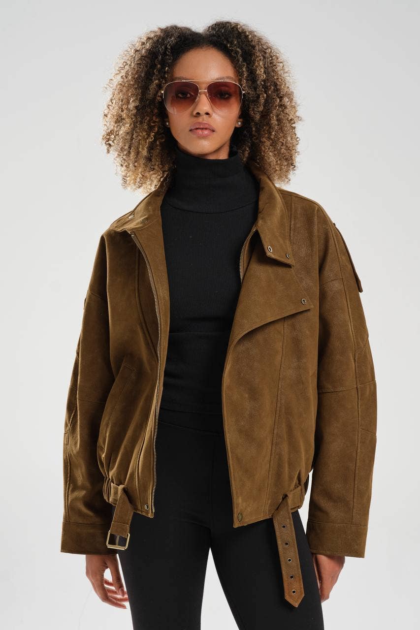 DesignofBoho - Wholesale Jacket - Women's - Oversized Brown Faux Suede Jacket with High Collar and Belt5