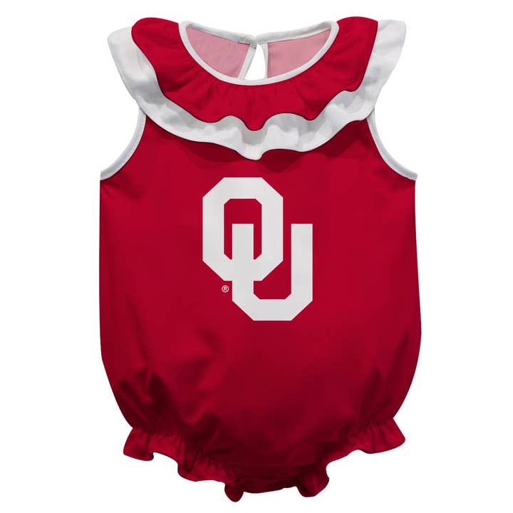Oklahoma Sooners Red Sleeveless Ruffle Bodysuit for wholesale by Vive La Fete