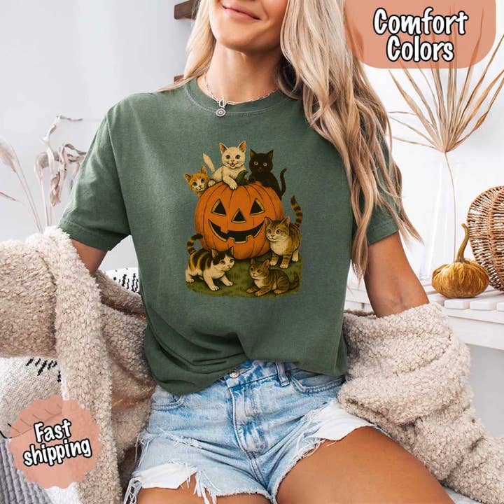 Vintage 90s Cat Halloween Comfort Colors Shirt – Retro Tee for Cat Lovers for wholesale by Adorb Custom Tees