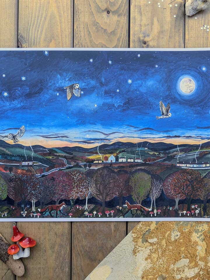 Ugglor i Månljus A3 Affischtryck för wholesale av Driftwood Designs