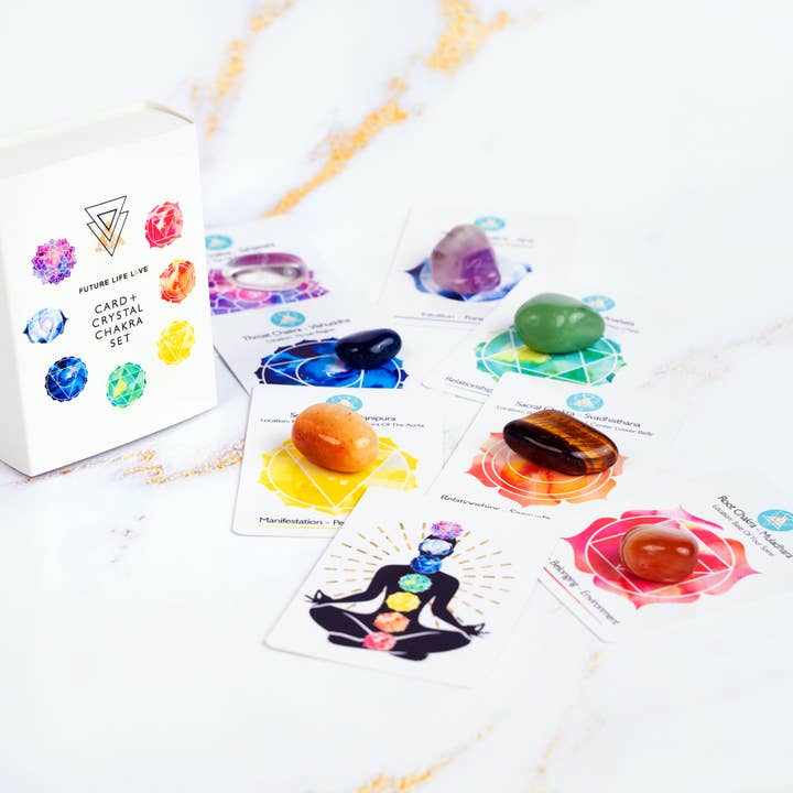 Chakra Card Set With 8 Cards and 7 Crystal Set White Box for wholesale on Faire17
