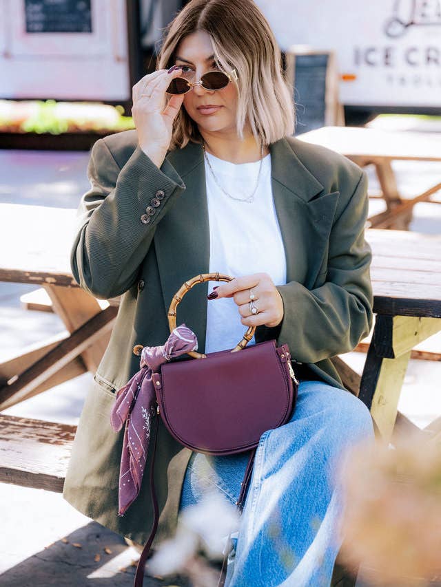 Burgundy Semi-Circle Crossbody Bag for wholesale by Margo Paige