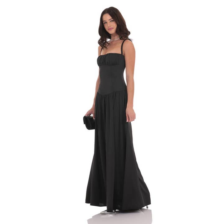 Lucy In The Sky - Wholesale Dress - Women's - Satin Ruched Bust Maxi Dress in Black