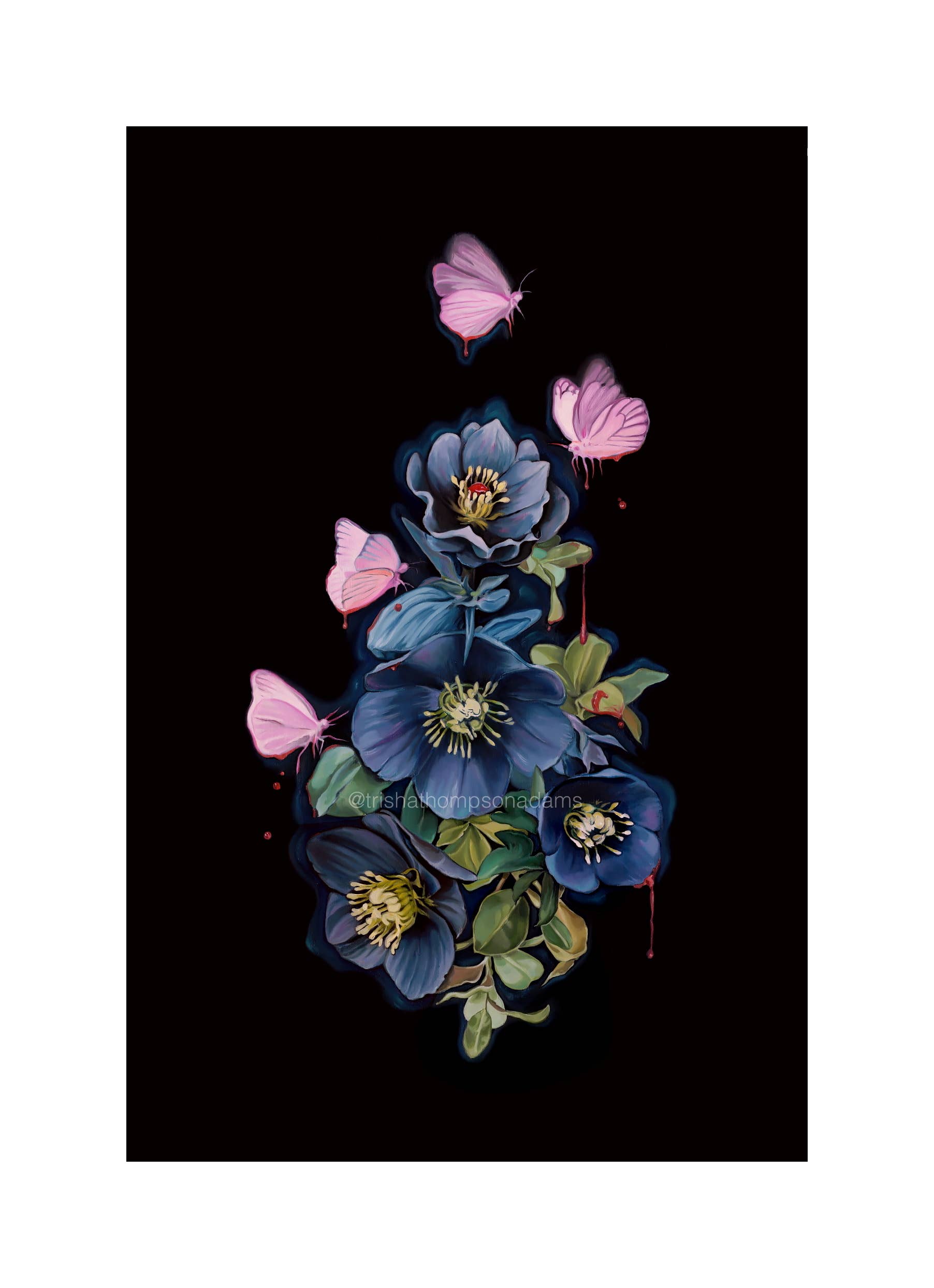 Trisha Thompson Adams - Wholesale Art Print - Blooderflies and Hellebores Dark Garden Botanical Art Print3