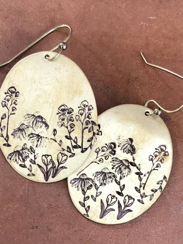Large oval wildflower meadow stamped brass earrings for wholesale by Rising Dawn Boutique