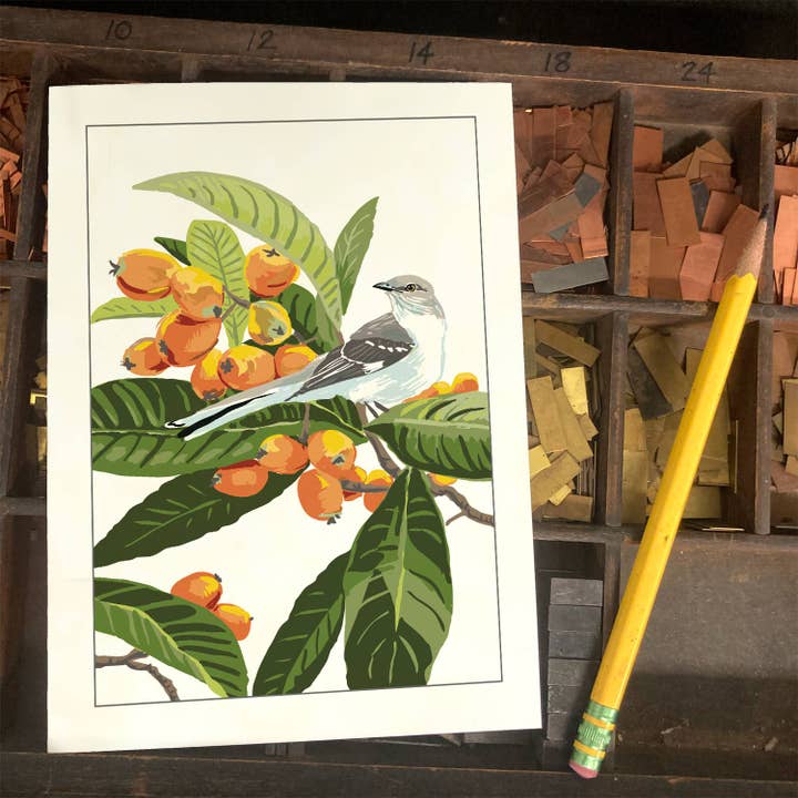 Rigel Paper - Wholesale Everyday Greeting Card - RBI-213 Loquat & Mockingbird Greeting Card: Bird and Fruit1