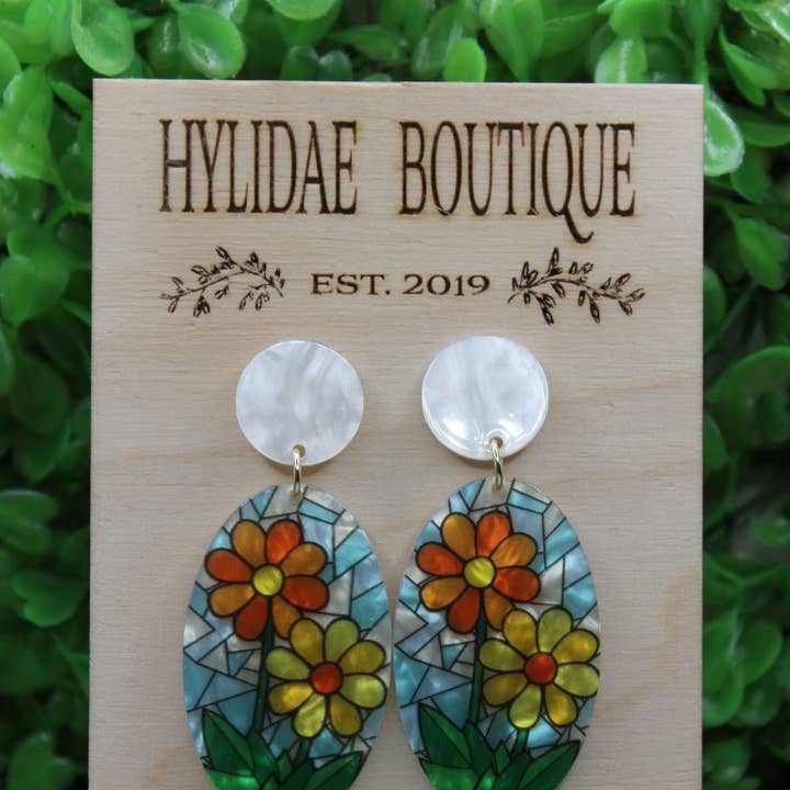 Stained Glass Yellow & Orange Flowers Oval Dangle Earrings for wholesale by Hylidae Boutique