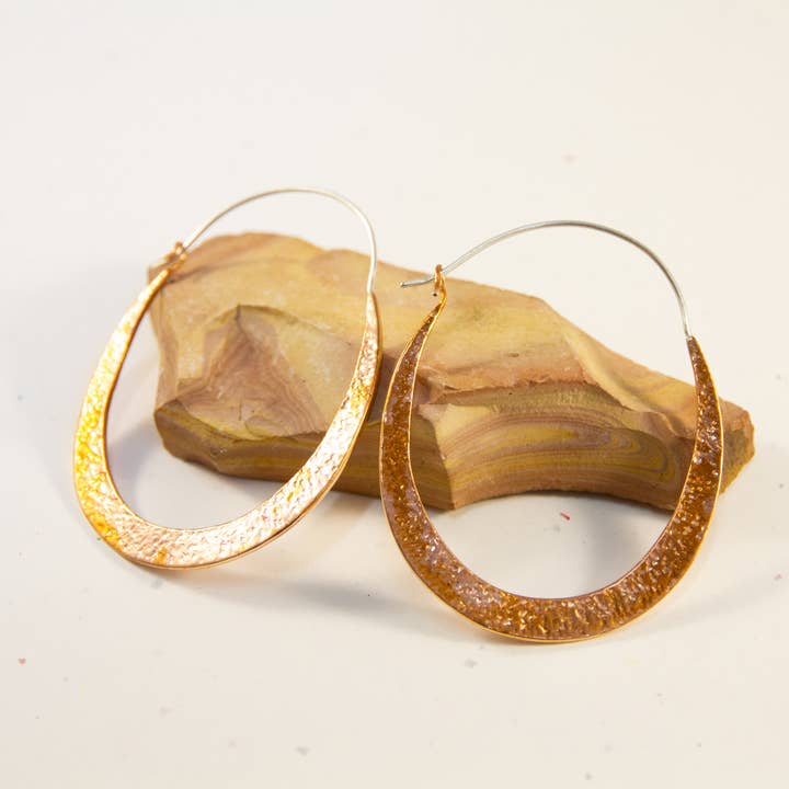 Ajmer by Jodi - Wholesale Dangle Earrings - Big Copper Oval Hoops~ hammered metal & sterling ear wires0