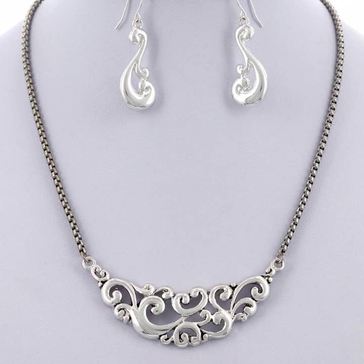 FR5160 Antique Silver Filigree Cutout Metal Necklace Set for wholesale by 0011 PREMIERE