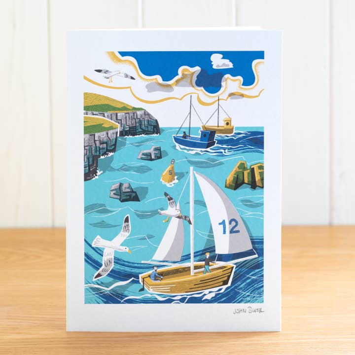 On the Waves greetings card, blank inside for wholesale by John Bloor Printmaker