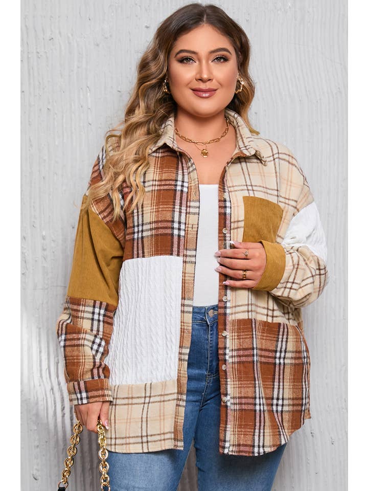 Orange Plaid Color Block Patchwork Corduroy Jacket(S-2XL) for wholesale on Faire