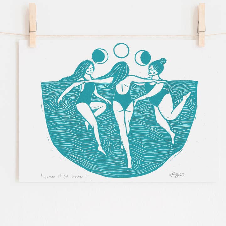 Prints by the Bay - Wholesale Art Print - Women of the Water riso print, moon cycle, wild swim, friend