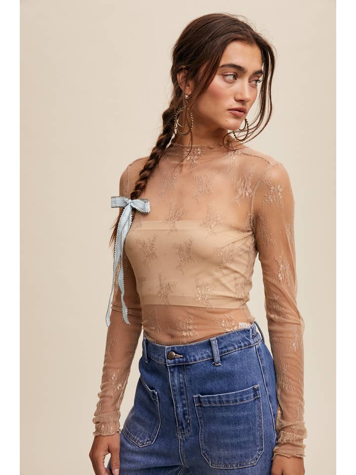 Listicle - Wholesale Blouse - Women's - Sheer Lace Long-Sleeve Top4