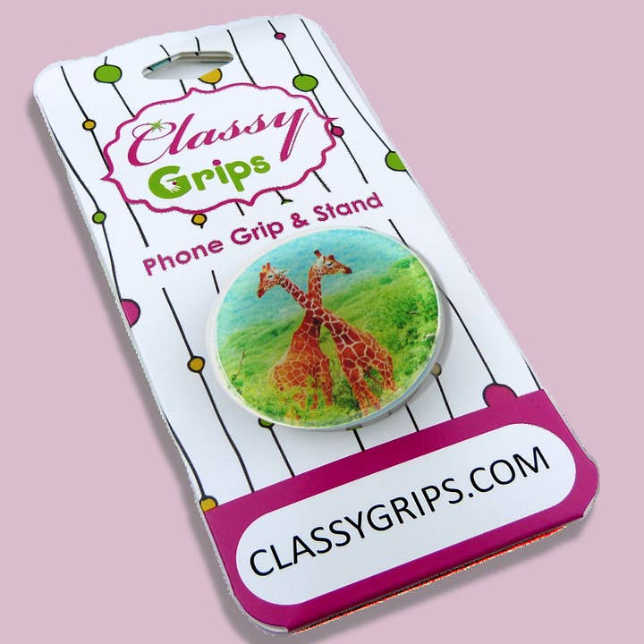 Classy Grips – wholesale Phone grip – CG-011 - Classy Grip Giraffe Hugs on Black Phone Pop Grip