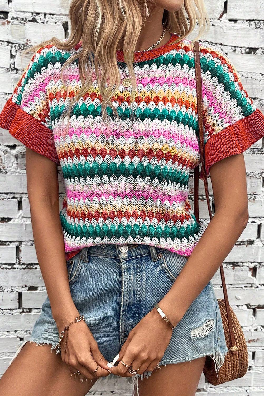 PartyEight - Wholesale Knit Sweater - Women's - Trimmed Ruffle Sleeve Colorful Textured Sweater