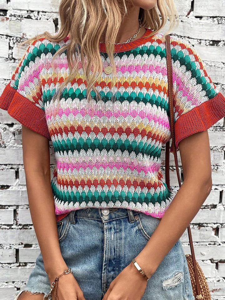 PartyEight - Wholesale Knit Sweater - Women's - Trimmed Ruffle Sleeve Colorful Textured Sweater0