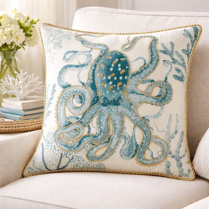 Coussin décoratif en coton ivoire « Aqua Octopus » 50 cm pour la vente par Fennco Styles