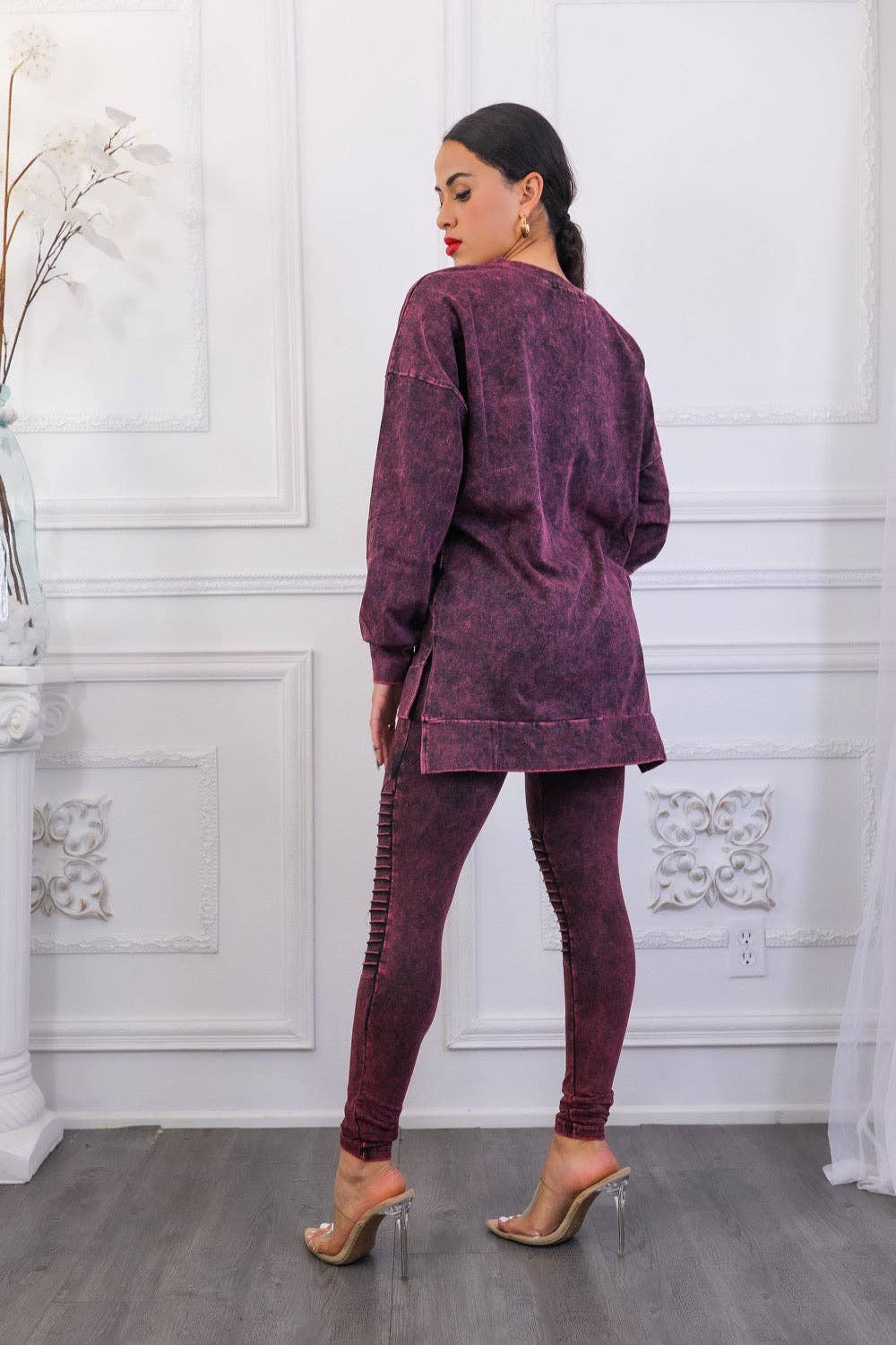 SurelyMine - Venta al por mayor Conjuntos de top y pantalón (NO para estar en casa) - Mujer - Conjunto de camiseta de manga larga y leggins con el lema Mineral Wash3