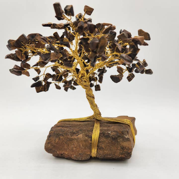 Meraki Gemstones - Vendita all'ingrosso Pietra/cristallo spirituale - Albero di pietra preziosa - Occhio di tigre con base a occhio di tigre con filo dorato2