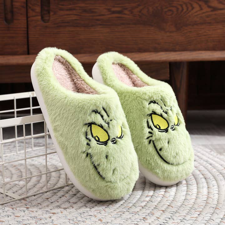 Green Christmas Grinch Plush Home Fuzzy Slippers for wholesale on Faire
