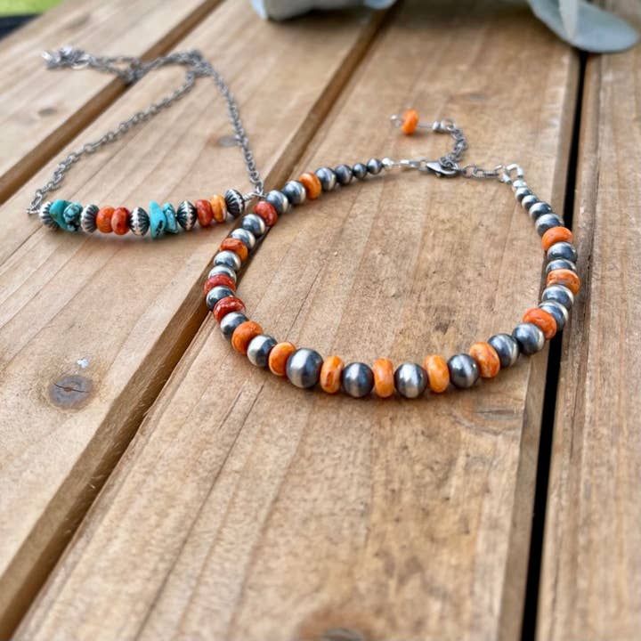 Ella Elisabeth Designs - Wholesale Beaded/Pearl Necklace - Navajo Pearl, Spiny Oyster Shell and Turquoise Bar Necklace 5