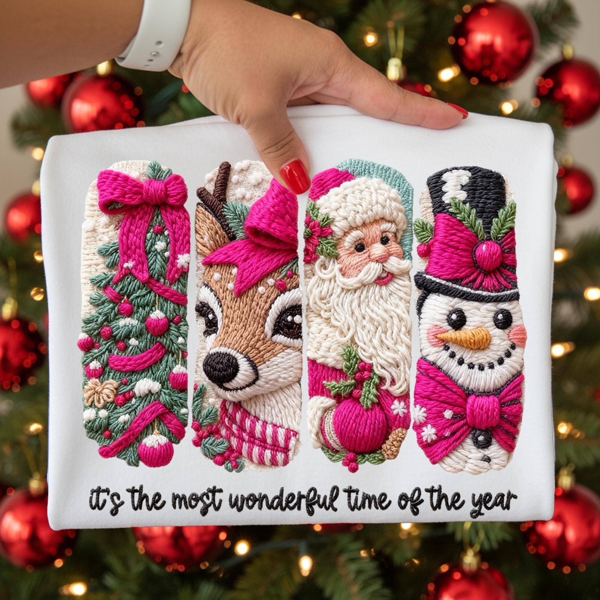 NVC Ecommerce LLC - Wholesale T-Shirt (Graphic) - Women's - Faux Yarn Crochet Merry Christmas Shirt, Xmas Tree Sweater0