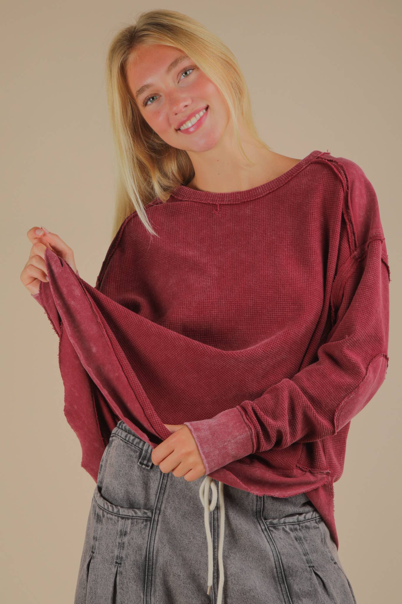 VERY J - Wholesale Knit Top - Women's - NT12234-Mineral Washed Elbow Patch Contrast Knit Top4