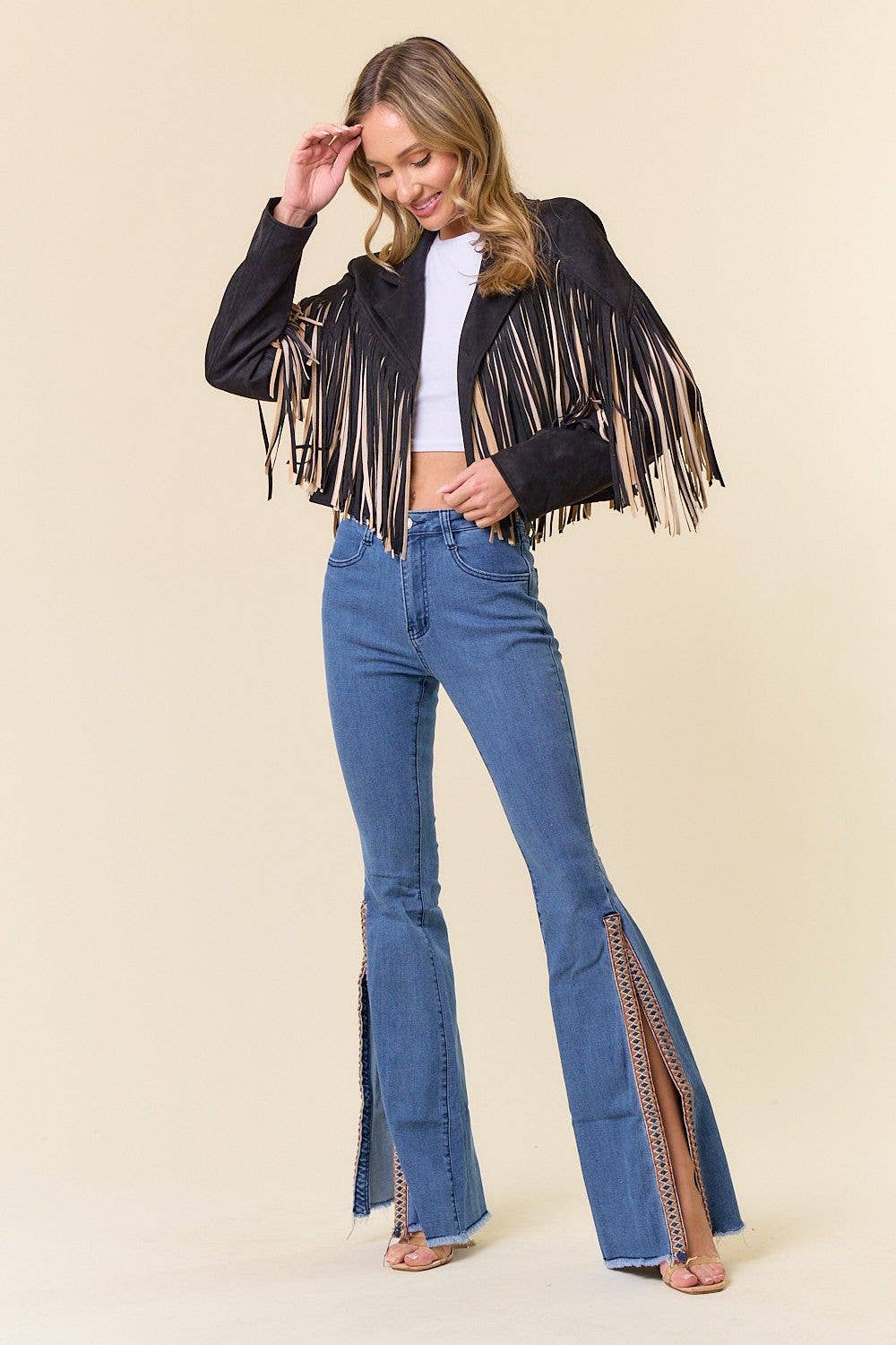 Saints & Hearts – Engroshandel Jakke - Dame – SIJ5279ABLACK FLERFARVET FRINGE ÅBEN FRONTJAKKE (Kopi (C7