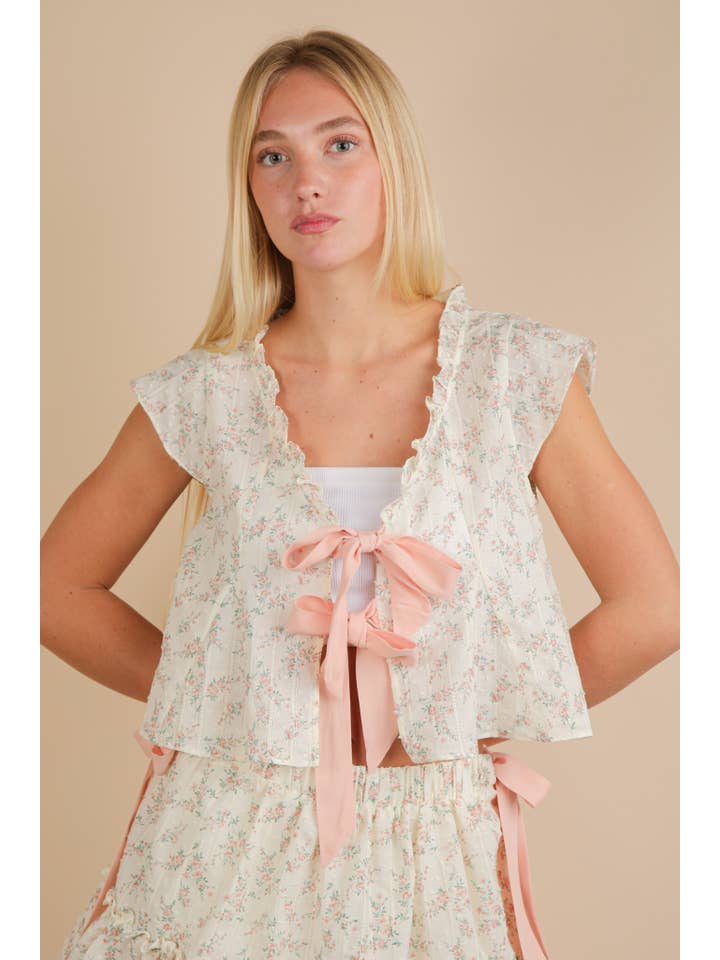VERY J - Wholesale Blouse - Women's - NT12162-Floral Printed Front Bow Blouse Top