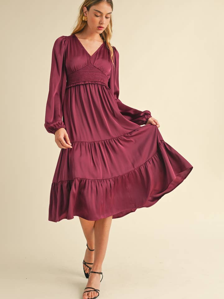 WINE ED5451 Elegant Midi Dress with Smocked Waist for wholesale on Faire3