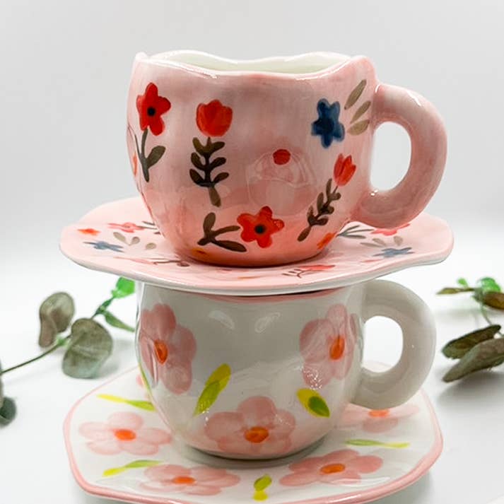 Rosa blomma keramisk mugg och fat, Folk handmålad mugg för wholesale av Chow's Stories