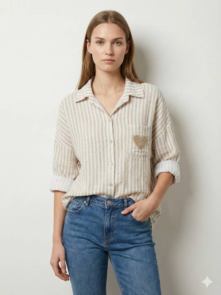 Heart Embroidered Pocket Shirt @91945_ChPocheCoeur for wholesale by Mimi & Gogo