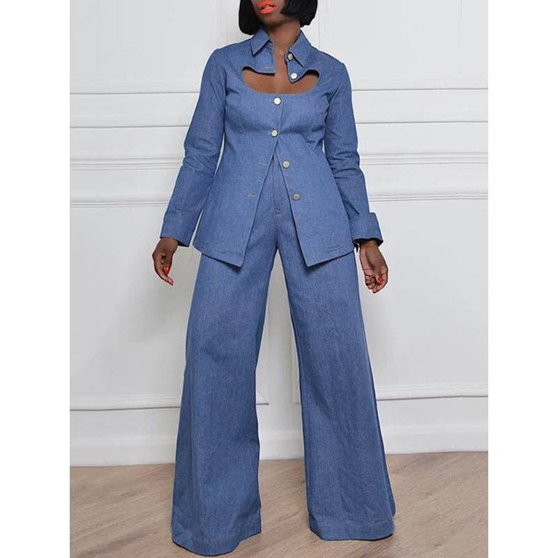 High Waisted Loose Pockets Solid Color Denim Sets for wholesale on Faire6