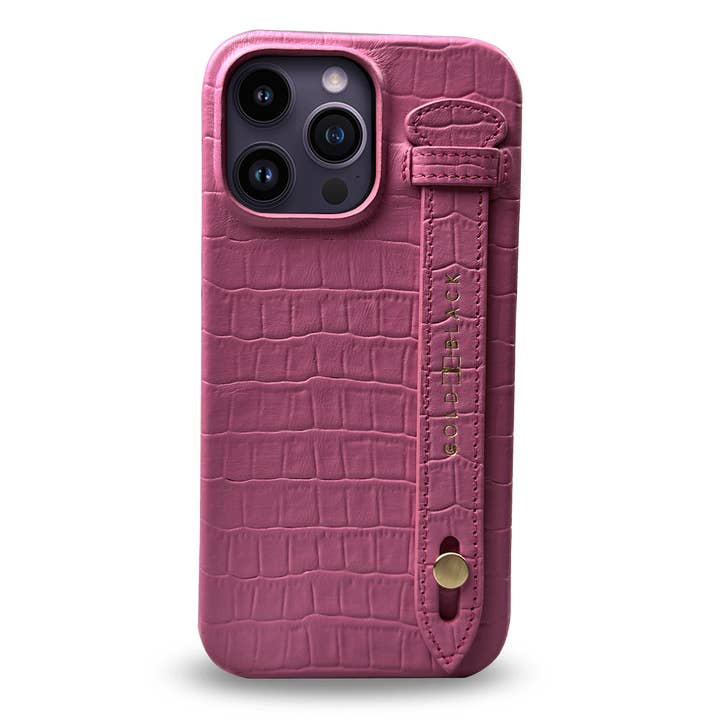 iPhone 14 Pro Max slank læderetui med krokodille print pink med finger loop for engroshandel hos GOLDBLACK