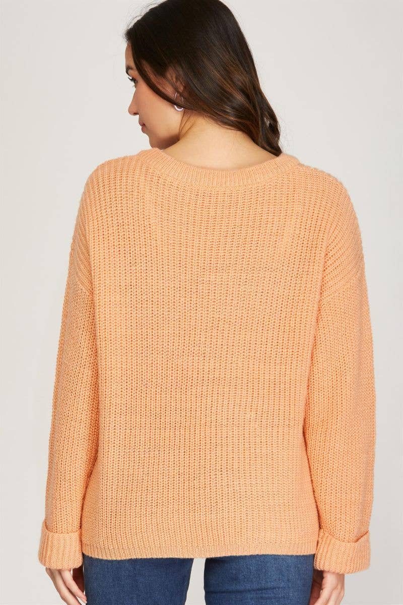 PEACH V-NECK SLIT KNIT LONG SLEEVES SWEATER for wholesale on Faire1