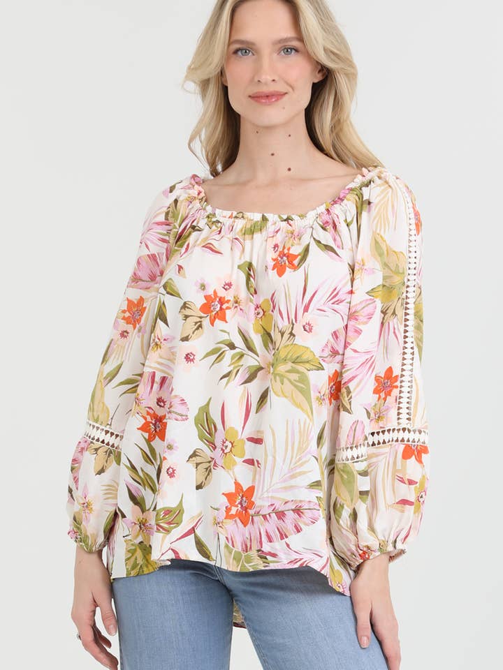 E2U91-A878 BLONDEINDLÆG TROPISK MØNSTRET BLOUSE for engroshandel hos Nostalgia