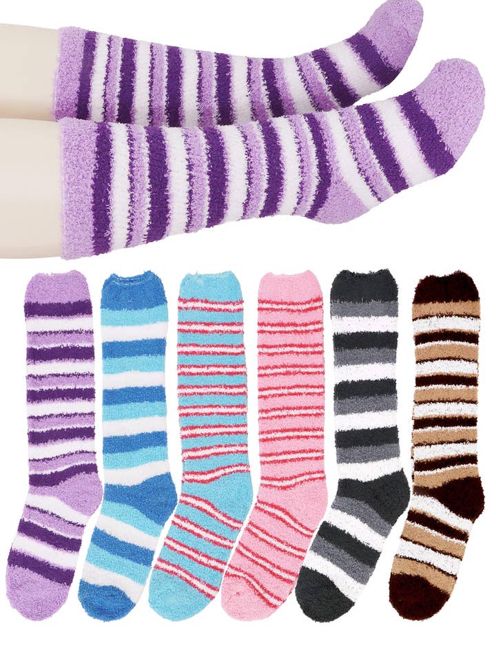 Colorful Striped Fuzzy Fleece Mid Calf Socks for wholesale by Cap Zone