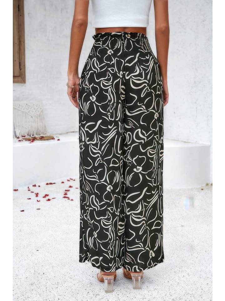 CC Wholesale Clothing - Venta al por mayor Pantalones - Mujer - Pantalón de Pierna Ancha de Cintura Alta con Volante Doblado y Estampado Integral6