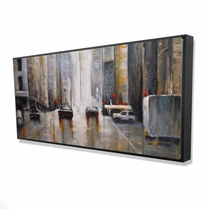 Cars in the Morning Rain | Brown Industrial Framed Canvas for wholesale by BEGIN HOME DECOR