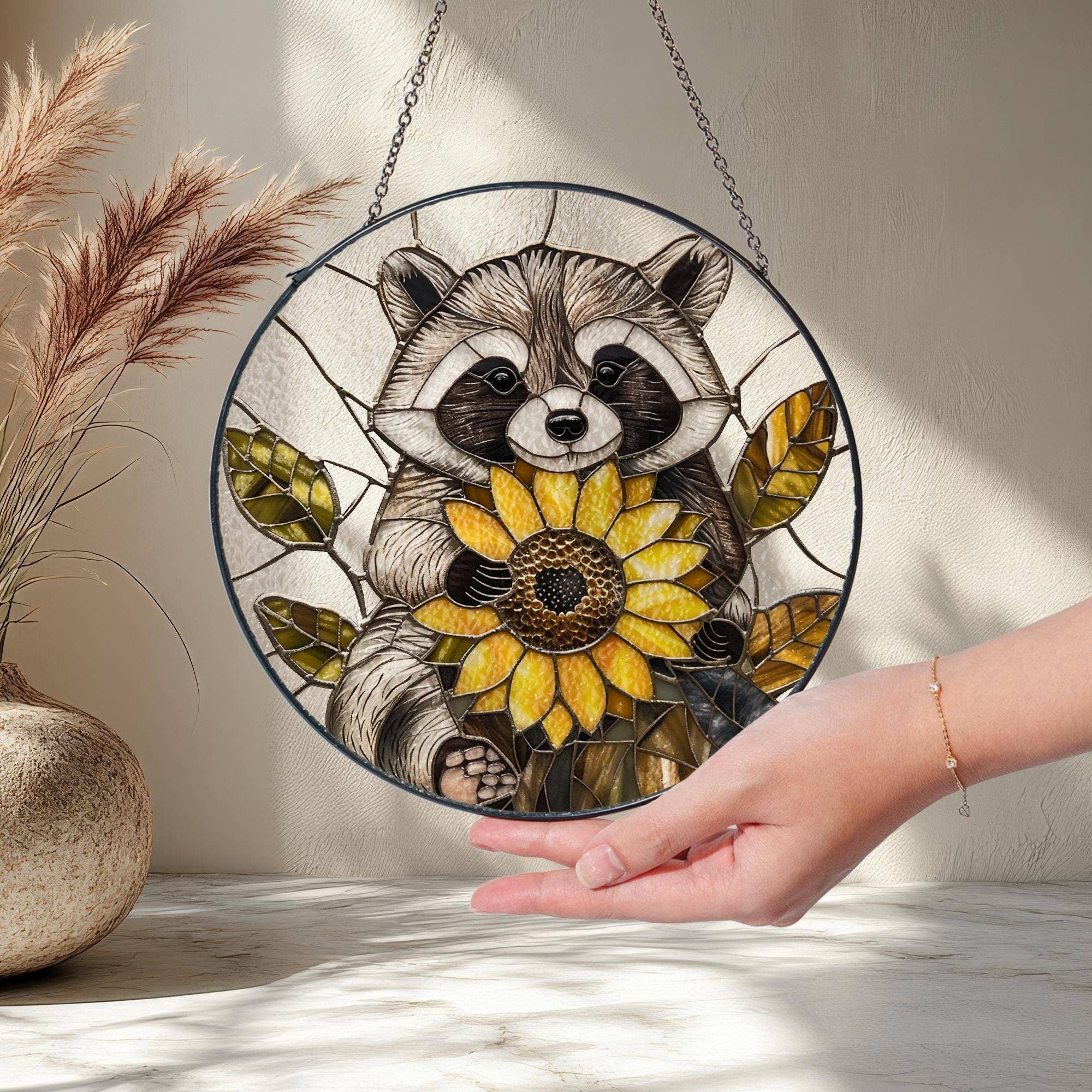 Wholesale Raccoon Sunflower Stained Glass Suncatcher, Forest Gift