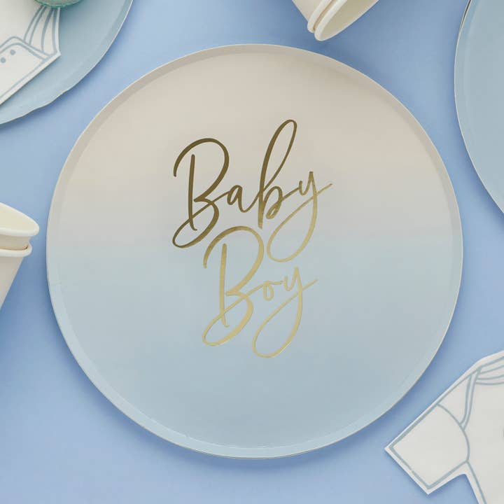 Hootyballoo by Club Green - Wholesale Disposable Plate - Blue 'Baby Boy' Paper Plates 8 Pack