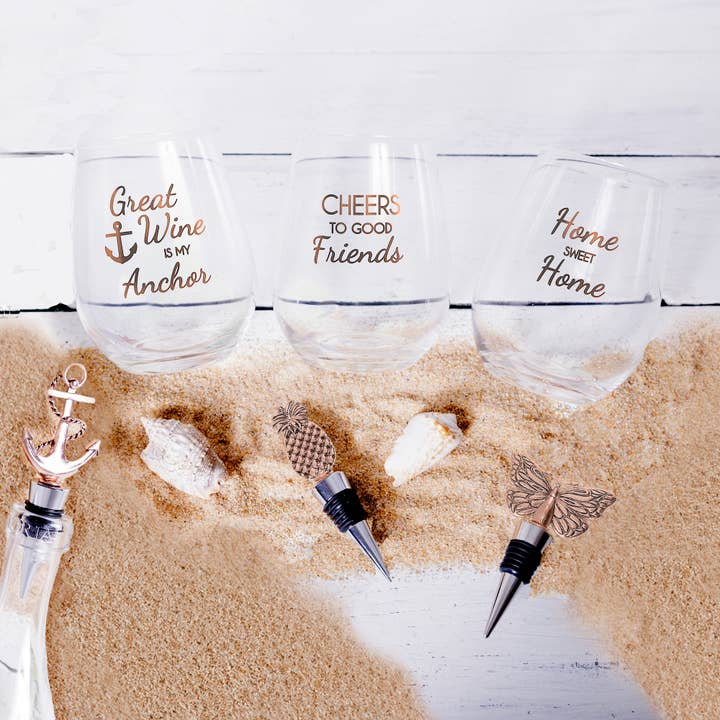 Pavilion - Wholesale Wine gift bag - Anchor - Bottle Stopper and 20 oz Stemless Gift Set2