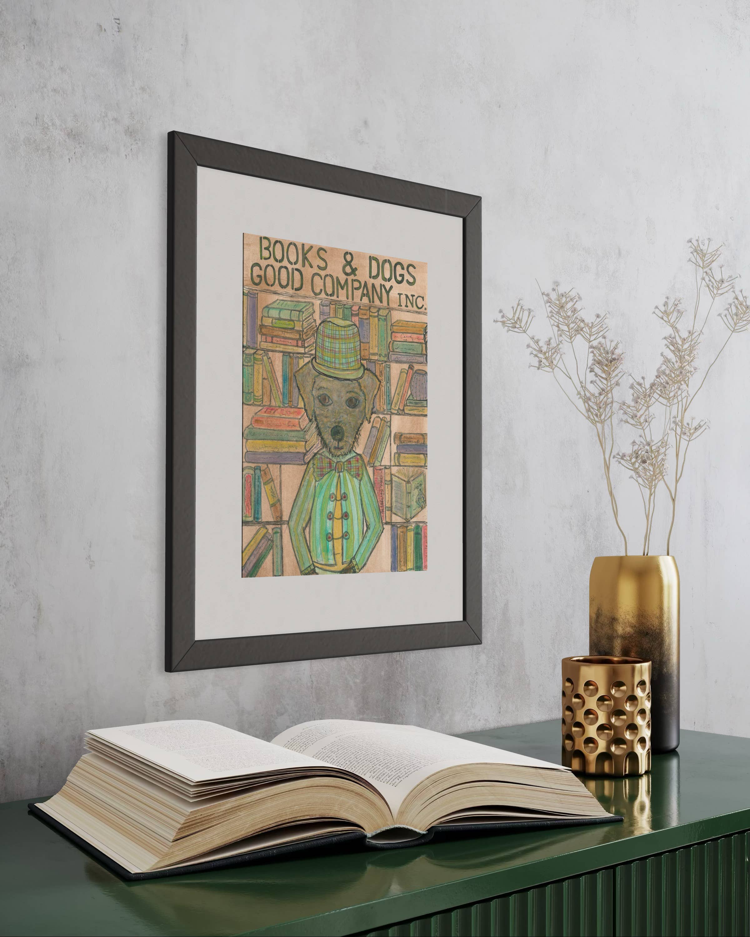 Bernie Street Studios - Wholesale Art Print - BOOKS & DOGS good company vintage inspired print library dog2
