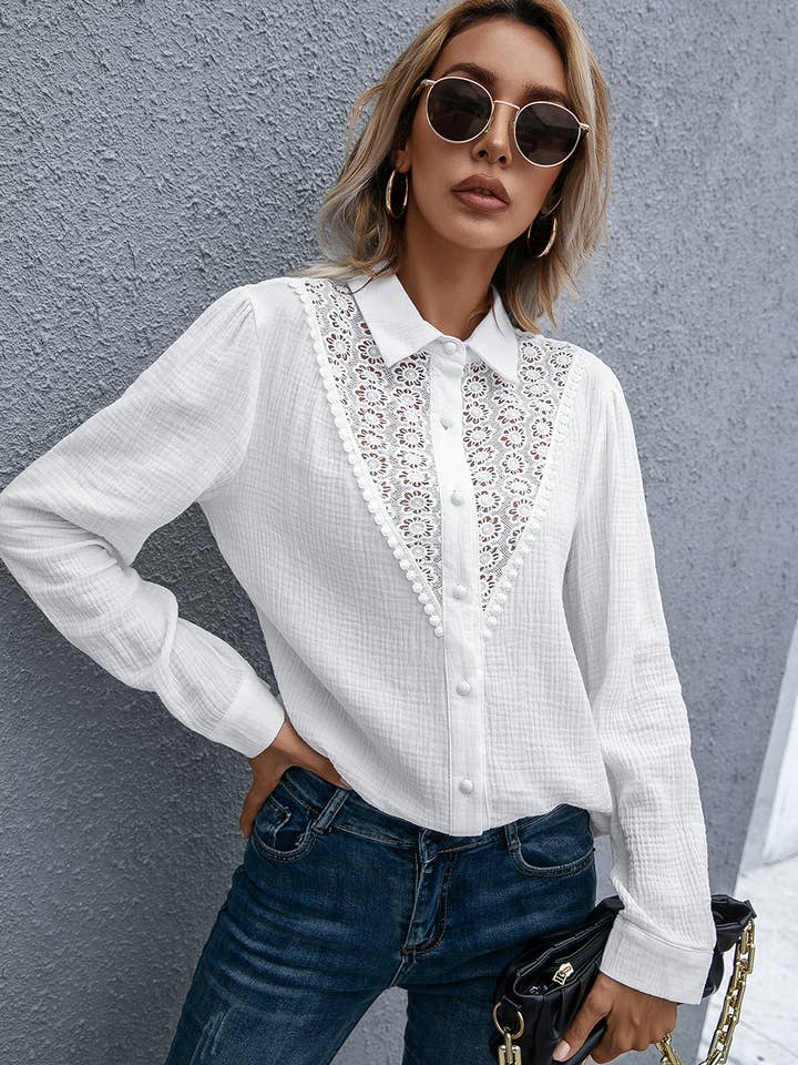 ePretty - Wholesale Button Down Shirt - Women's - EP-TP1508 Lace Detail Button Shirt2