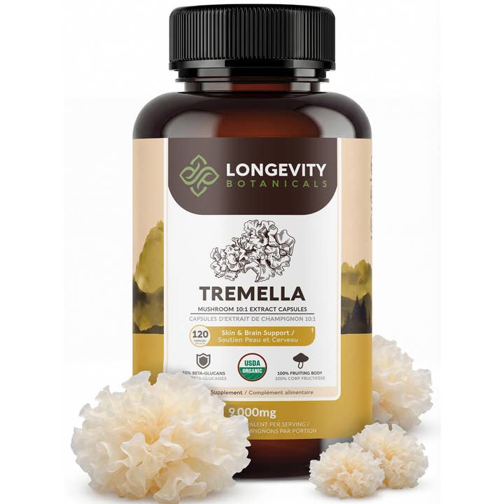 Organic Tremella 120 Capsules: Skin Hair & Brain Supplement for wholesale by Longevity Botanicals