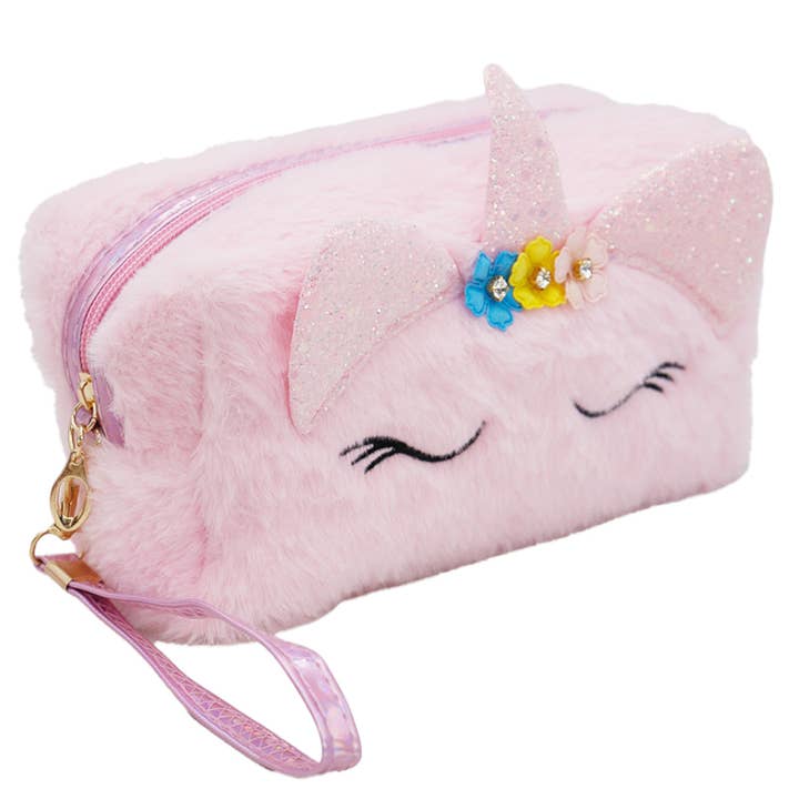 Cap Zone - Wholesale Makeup/Cosmetic Bag - Unicorn Pony Fuzzy Faux Fur Versatile Cosmetic Bag