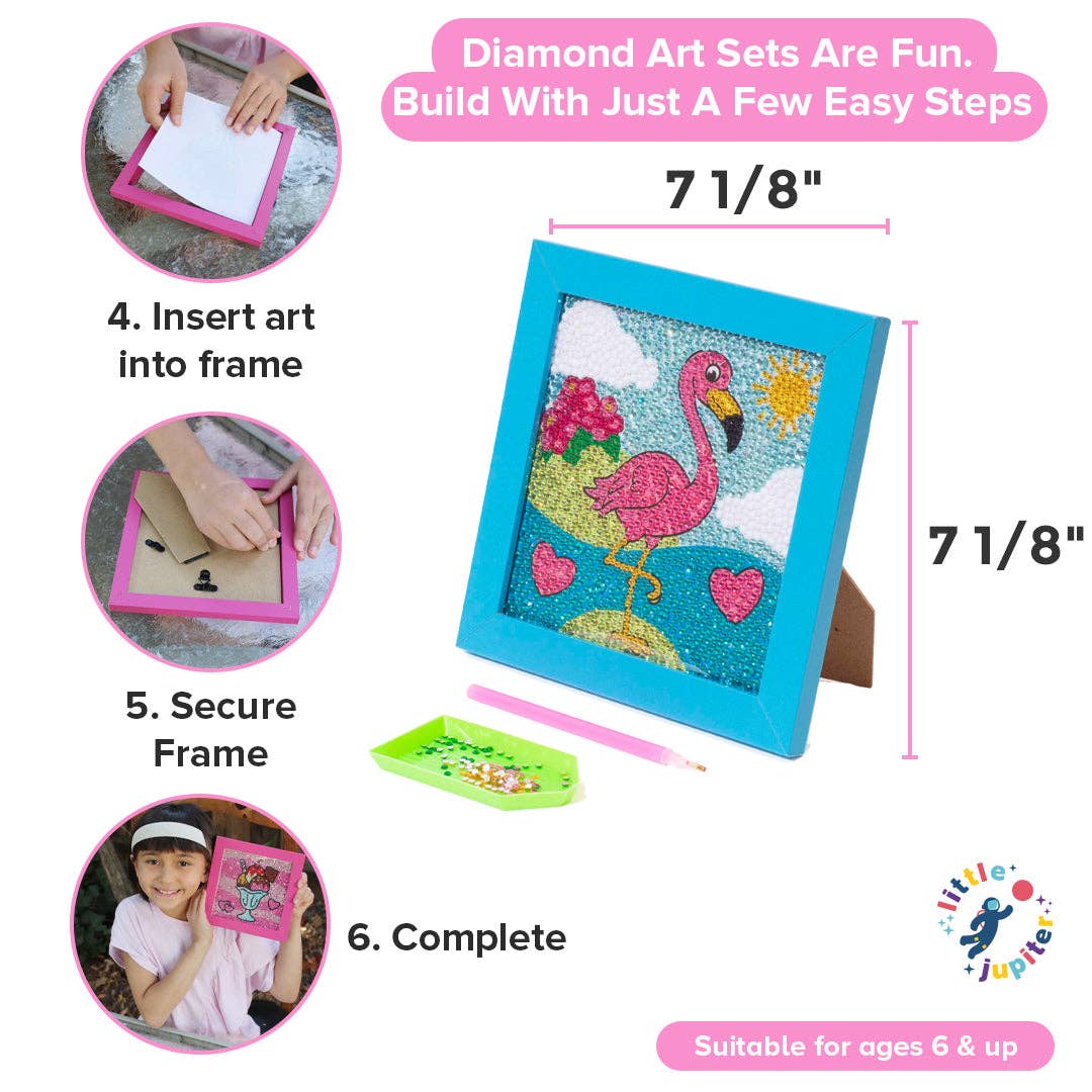 AYK Brand – wholesale DIY craft kit – Child – Diamond Art Kit Set 7 1/8" x 7 1/8" with Frame (Flamingo with Blue Frame)3