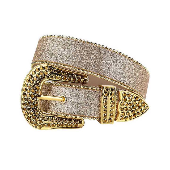 Cinturón de cuero brillante en oro champán y hebilla dorada con diamantes de imitación dorados para venta al por mayor de Rhinestone Belt Store