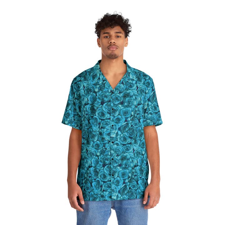 Turquoise Rose Flower Men's Hawaiian Shirt for wholesale by Los Angeles Mercantile™